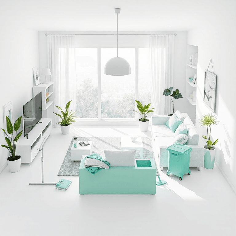 Isometric cleaning brand concept with a pristine room and fresh cyan and sage accents