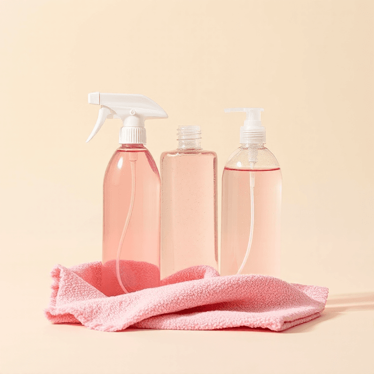 Pink cleaning brand campaign concept with rose glass, spray bottles, and sparkling surfaces